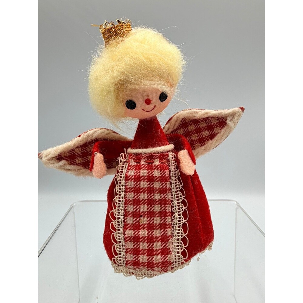 Vintage MCM JAPAN 5" Felt Angel Ornament Red Plaid Christmas Blonde Queen